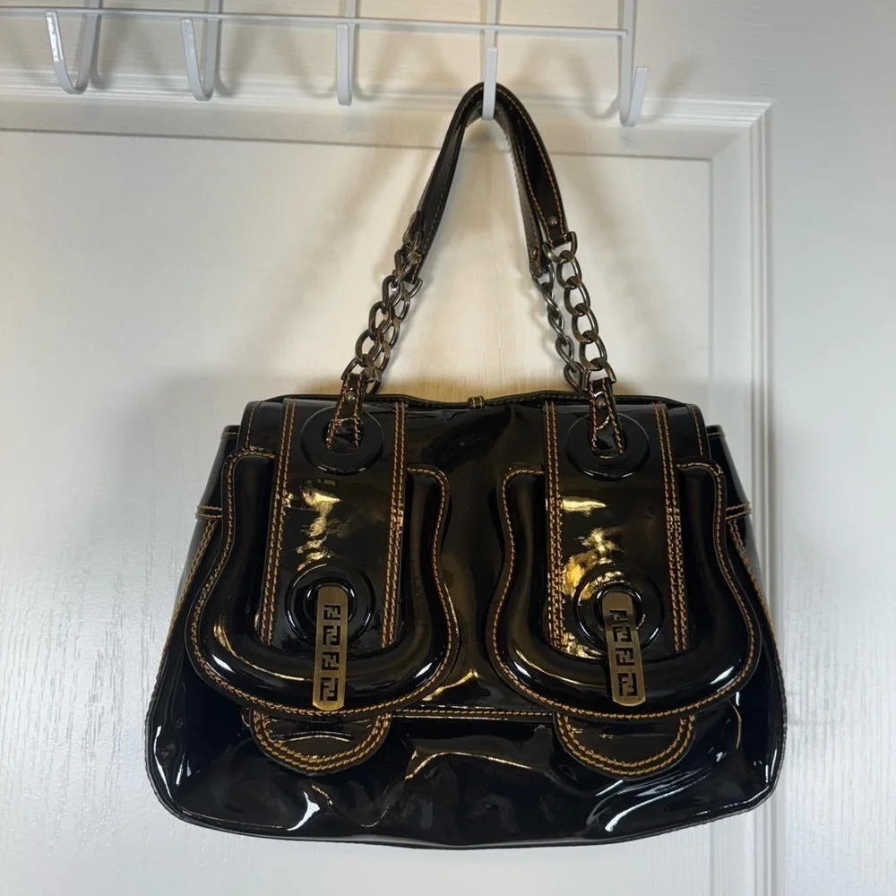 Fendi Black Patent Leather B Shoulder Hobo Bag New Condition Authentic